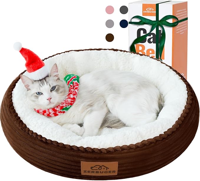 20in Washable Cat Beds for Indoor Cats - Round Donut Pet Bed for Cats, Small Dogs, Puppy, Kitten - Anti-Slip Bottom, Calming Bed Gift - Brown