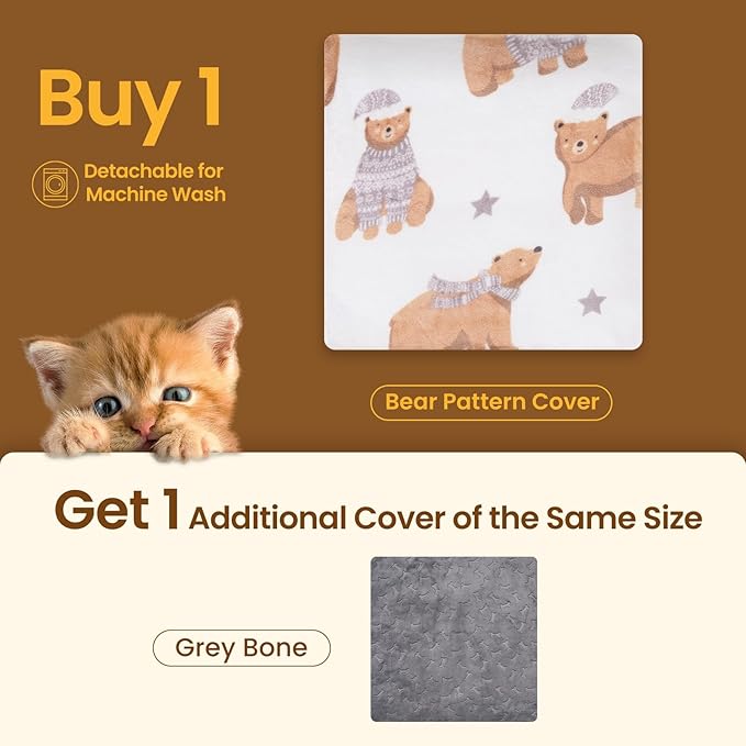 Bearhug Cat Heating Pad, Pet Heating Pad 18"×18"[Two Replaceable Cover] Adjustable Temperature Dog Heating Pad with Steel-Wrapped Cord, Waterproof and Chew-Resistant for Cats Puppies Small Animals