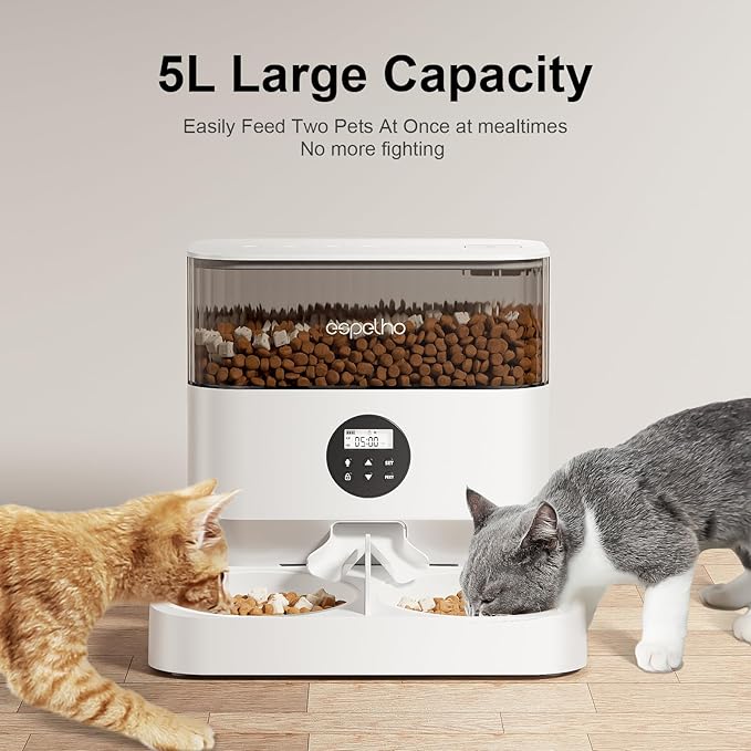 Automatic Cat Feeder - 5L Timed Cat Food Dispenser 2 Cats with 2 Way Splitter, 10s Meal Call Programmable Portion Control Pet Feeder with Desiccant Bag for Cats & Dogs