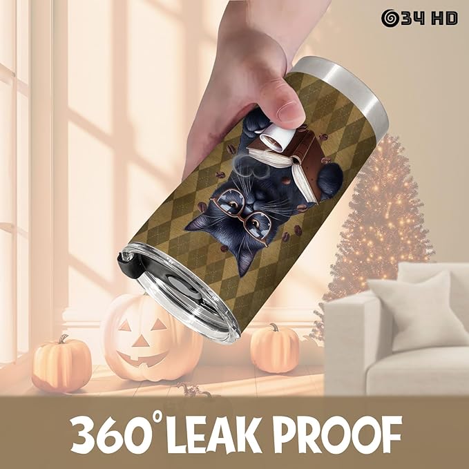 34HD Black Cat Tumbler with Lid, 20oz Stainless Steel Vacuum Insulated Cute Kitty Cup, Reading Coffee Mug with Cats, Funny Cat Gifts for Her Women on Birthday Mothers Day Christmas