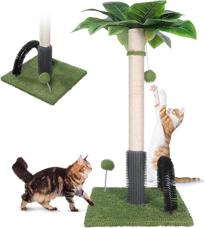 Topmart 29.5” Tall Cat Scratching Post for Large Indoor Cats, Sisal Scratching Post with Self Groomer and 2 Dangling Balls,Green