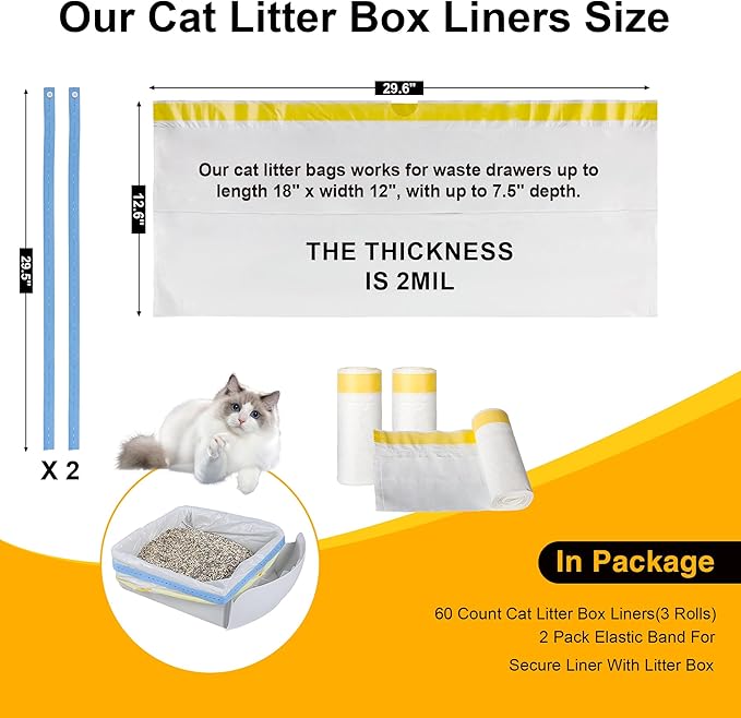 60 Count Cat Litter Pans Liners Super Thick,Cat Litter Bags Heavy Duty 29.6“X12.6”,Unscented Litter Box Liners Compatible With Cleanpethome Self-Cleaning Cat Litter Box,Automatic Cat Litter Box Bags