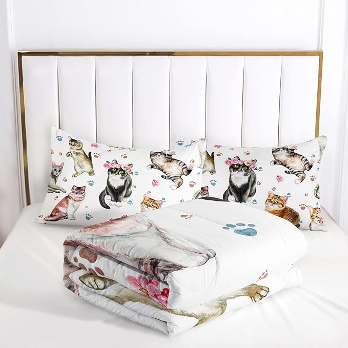 AILONEN Watercolor Cat Print Bedding Set Twin Size with Cats and Footprints Comforter Set for Boys Girls,Group of Cute Cats Soft Breathable White Tint Duvet Set 3 Pieces, 1 Quilt and 2 Pillowcases