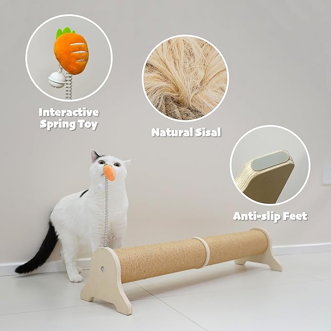 PETKARAY Horizontal Scratching Post, 30" Sisal Cat Scratch Post, Large Cat Scratcher with Spring Toy, Protect Furniture for Indoor Kitten