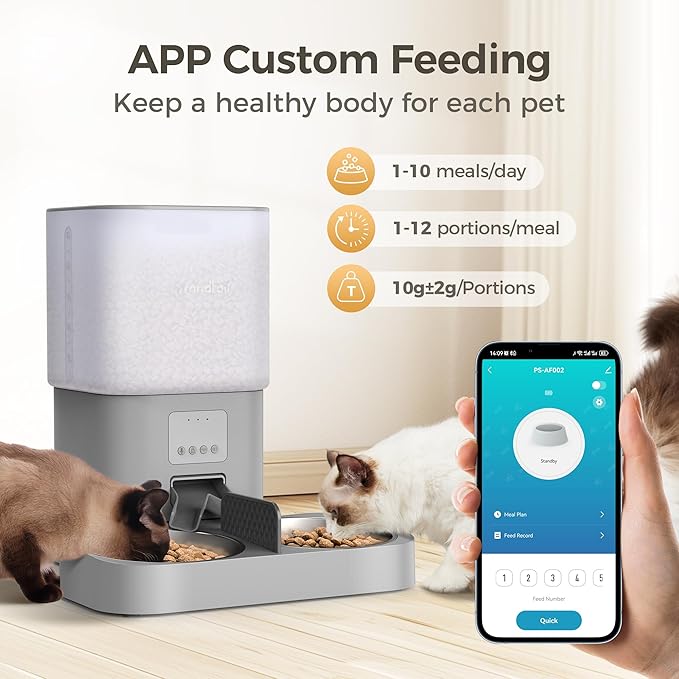 Automatic Cat Feeder, WiFi Cat Food Dispenser with APP Control for 2 Cats & Dogs, 6L Elevated Timed Cat Feeder Programmable 1-10 Meals,10s Meal Call,Dual Power Supply, 2 Stainless Bowls