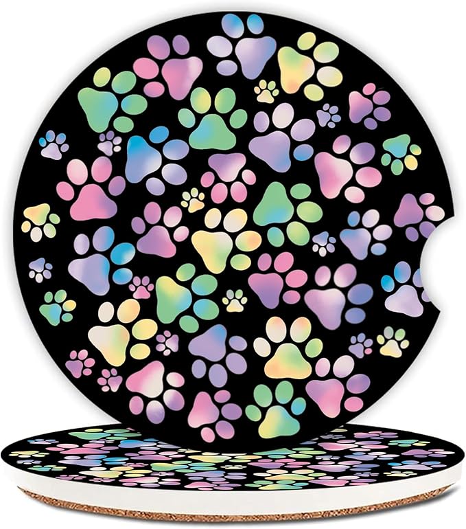 2 Pack Absorbent Car Coasters for Cup Holders,Gradient Colorful Dog paw Print Ceramic Coasters with Cork Back and Finger Slot,2.56" Auto Accessories for Women & Men.