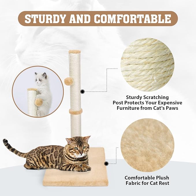 petellow 31'' Tall Cat Scratching Post - Cat Claw Scratcher with Hanging Ball - Scratching Posts for Indoor Large Cats - Durable Stable Cat Furniture with Sisal Rope - Cat Scratch Post - Beige