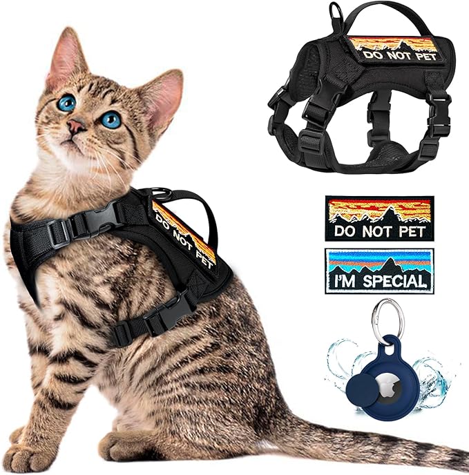 Tactical Cat Harness for Walking, Adjustable Escape Proof Pet Vest for Large Cat,Easy Control Breathable Cat Vest with Handle，Molle Patches (Black, L)