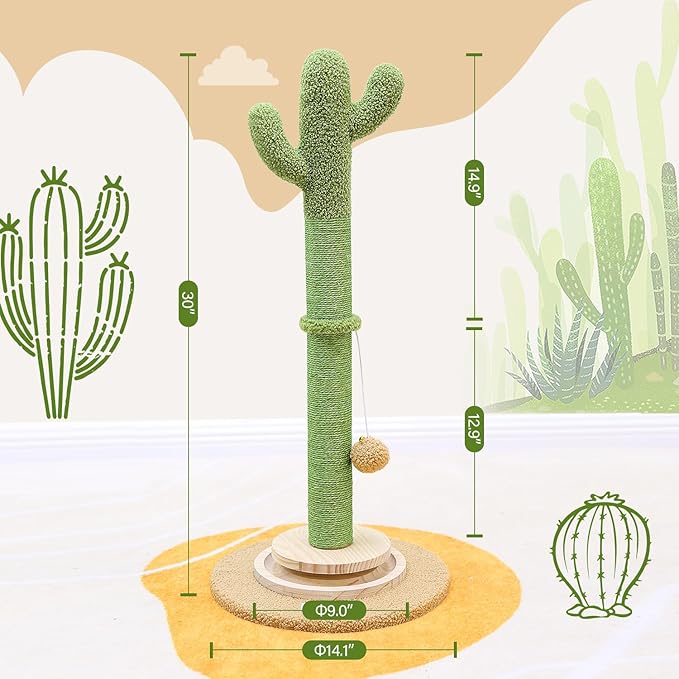 SC30 Tall Scratching Post for Cats, 30in Cactus Cat Scratching Post Cat Scratcher Cute Sisal Large Cat Scratching Post with Modern Wooden Ball Tracking Interactive Toys