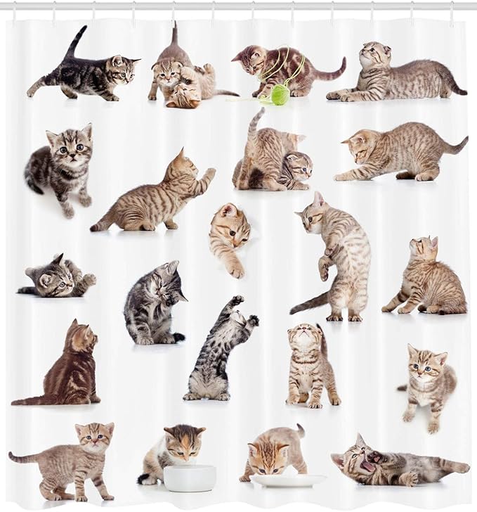 Ambesonne Cat Shower Curtain, Illustration of Funny Playful Cats on Plain Background Animals Kitten Pattern, Cloth Fabric Bathroom Decor Set with Hooks, 69" W x 84" L, Brown Black
