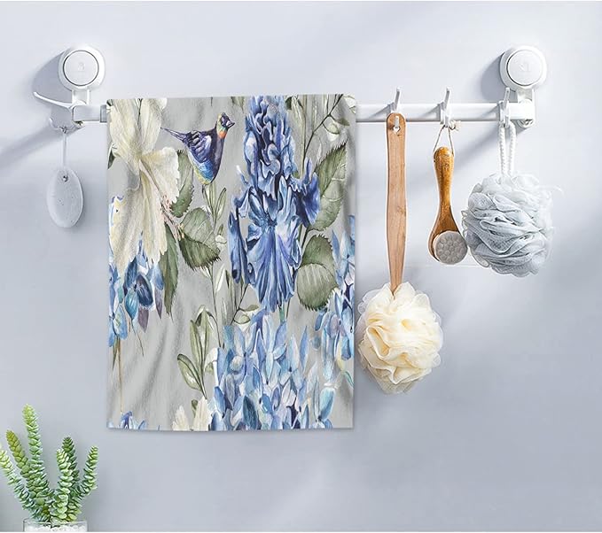 AOYEGO Blue Flower Hand Towels Green Leaf Spring Plant Flowers Hydrangea Hibiscus Iris Towel Highly Absorbent Soft Towel Kitchen Bath Decor for Women Men 15x30 Inch