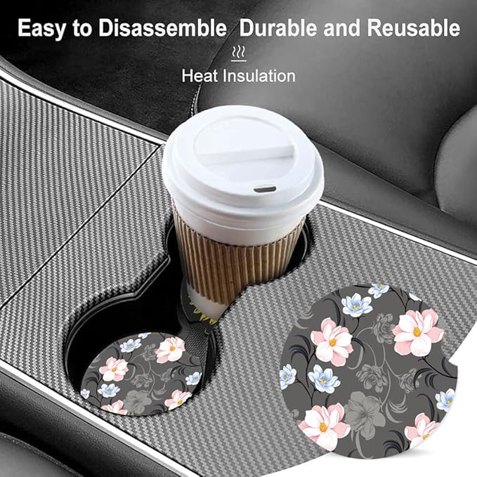 Absorbent Car Cupholder Coaster 2 Pack, Cute Car Coasters with a Finger Notch for Women & Men,2.56" Ceramic Stone & Non-Scratch Cork Base Drink Coasters, Cute Auto Accessories Gifts