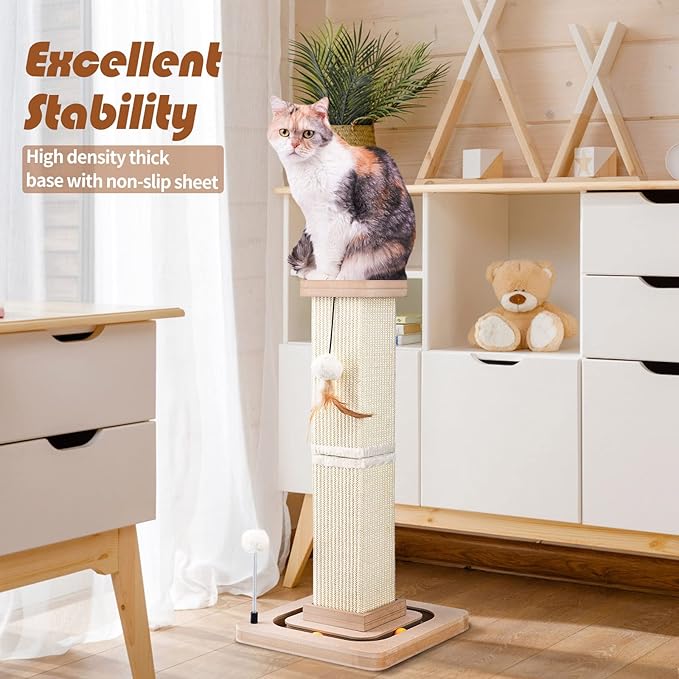 27" Cat Scratching Post, Sisal Cat Scratcher with Interactive Track Balls and Hanging Balls, Vertical Scratching Posts for Indoor Cats and Kittens