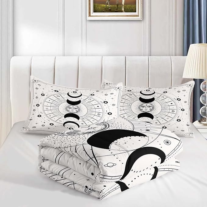 AILONEN Sun and Moon Comforter Set for Teens Boys Kids Girls, Galaxy Astrology Bedding Set Full Size,Bohemian Sun Moon Quilted Duvet,Galaxy Quilt,1 Comforter 2 Pillowcases 3 Piece