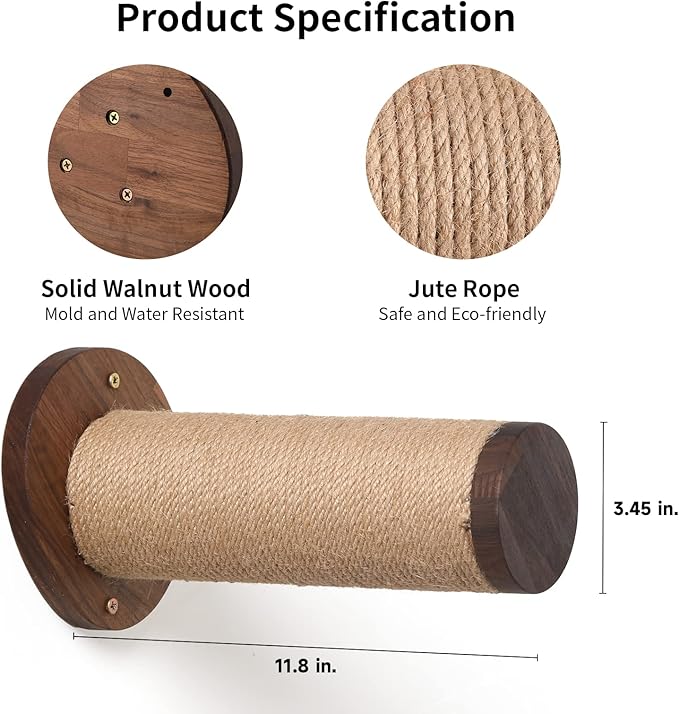 FUKUMARU Cat Wall Furniture, 11.8 Inch Cat Wall Shelves for Drywall, Walnut Wood Cat Stairs for Wall Mounted with Jute Scratching Cat Steps for Most Kitten, Medium and Large Cats, 2 of Pack