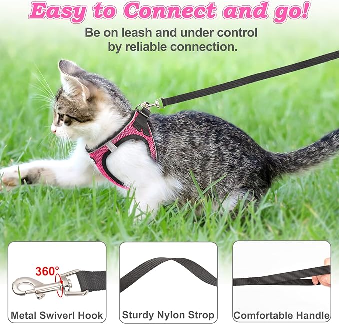 Cat Harness and Leash for Walking Escape Proof, Adjustable Kitten Vest Harness Reflective Soft Mesh Puppy Harness for Outdoor, Comfort Fit, Easy to Control (Pink, L)
