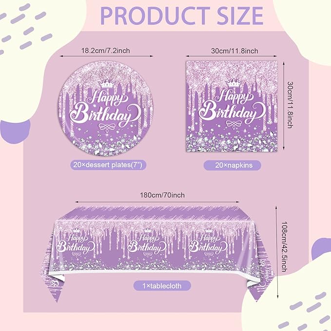 41Pcs Purple Birthday Tableware Set for Happy Birthday Table Decorations Purple Theme Birthday Dessert Plates Napkins Tablecloths for 20 Guests Girls Women Silver Glitter Birthday Party Supplies