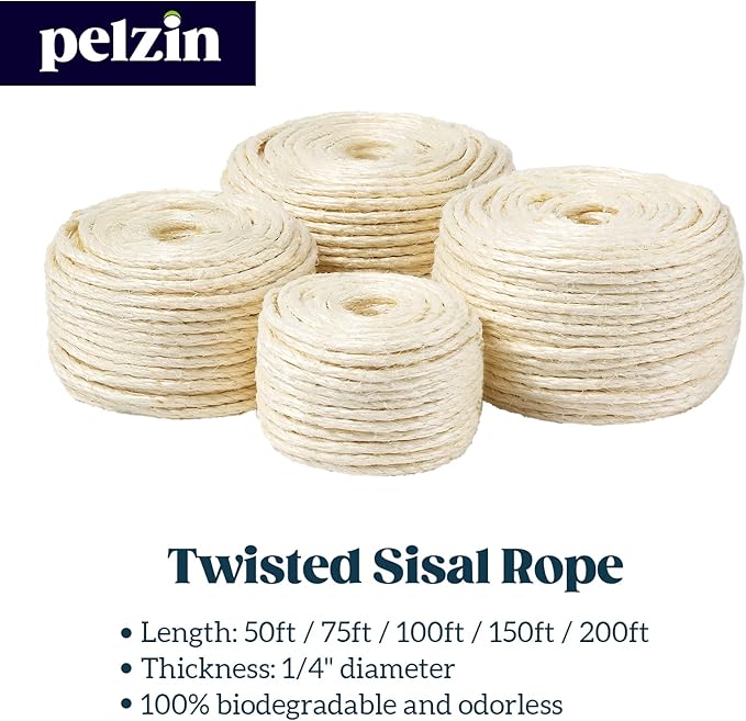 Natural Sisal Rope for Cat Scratcher 1/4 Inch by 50 Feet, Cat Tree Rope Twine for Cat Scratching Post Replacement, Cat Tower with Scratch Post Repairing, Replace, Recovering and DIY, White