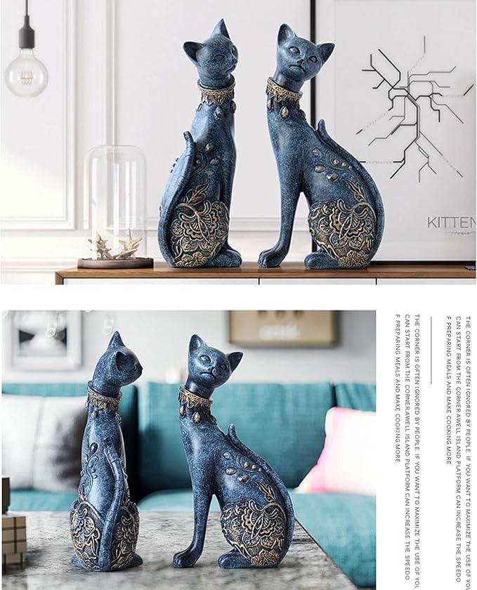 2 Pcs/set Cat Statues Home Decor, Room Decor Cat Figurines and Statues, Couple Cat Statues for Home Decor, Suitable for Living Room Wine Cabinet TV Cabinet Decoration Wedding Gift First Choice (Blue)