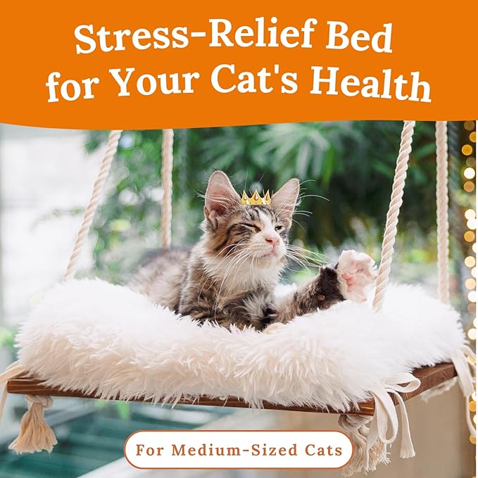 Cat Window Perch - Cat Hammock for Window - Solid Wood Seat & Strong Suction Cups - Furry Cat Window Bed & Furniture for Cats Inside - Fluffy Hanging Window Shelf for Small Medium Indoor Cats