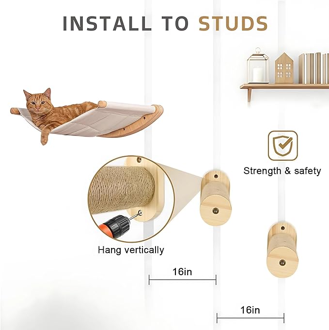 Wooden Wall-Mounted Cat Hammock with 2 Steps and Wall Shelves – Durable and Stylish Cat Lounger, Space-Saving Design, All-Natural Wood, Perfect for Indoor Cats to Climb, Rest, and Play