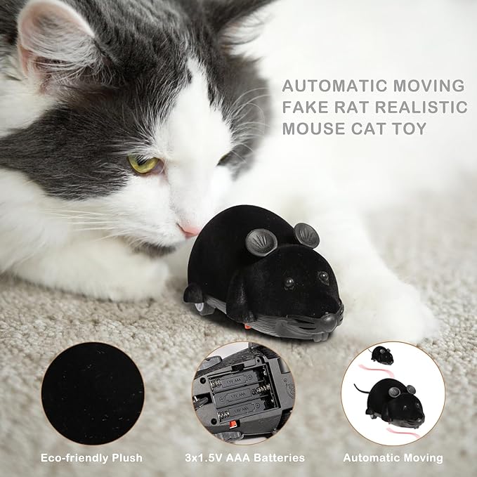 Auto Moving Mouse Cat Toy, Interactive Cat Toys Wireless Electronic Fake Mouse Rat Pet Toy Running Wheel Plush Rat Chasing Prank Toy for Cats Dogs Kids Novelty Gift By Greatstar (Black, No Controller)