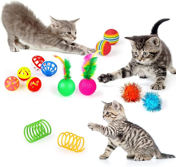 32 PCS Cat Toys Kitten Toys, Variety Catnip Toys with Rainbow Tunnel Interactive Cat Feather Teaser Fluffy Mouse Crinkle Balls Spring Toy Set for Cat, Kitty