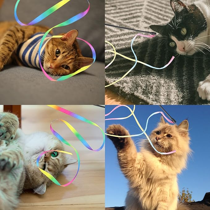 2 Pieces Interactive Cat Rainbow Wand Toys, Kitten Ribbon Toys, Colorful Cat String Teaser Wand - Pet Ribbon Dance Charmer for Cats Kittens Indoor Training Exerciser, Cats Toys for Strengthen Relation