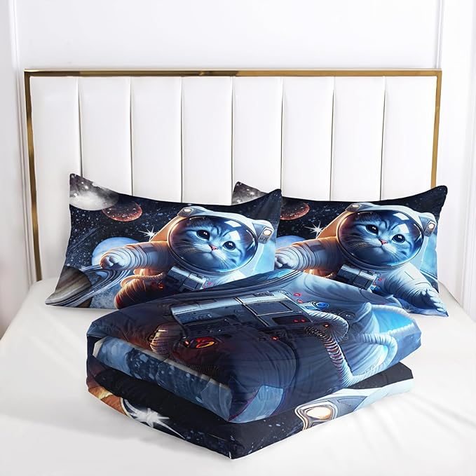 AILONEN Kids Cat Comforter Set Twin, 3D Cute Kawaii Cat Bedding Set Lovely Animal Kitten Space Astronaut Comforter for Girls Boys, Galaxy Planet Duvet with 2 Pillowcases