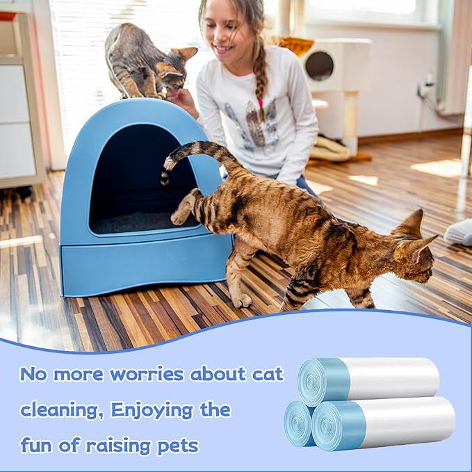 60 Count Small Cat Litter Box Liners, Heavy Duty Cat Litter Bags, Extra Thick Litter Pan Liners with Drawstring for Pet Cat Litter Tray (Blue, 26.4" x 15.8")