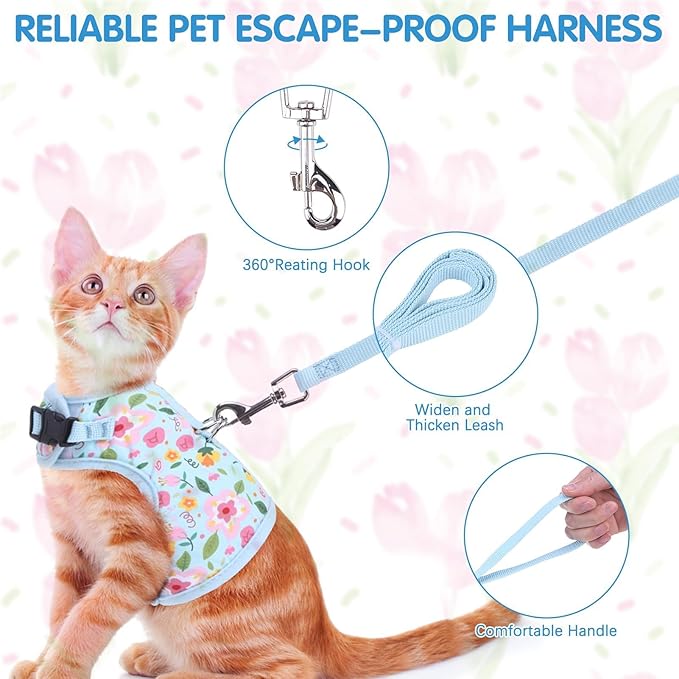 BINGPET Cat Harness and Leash Set Escape Proof for Walking,Step-in Harness with Lightweight Soft Breathable Mesh,Adjustable Easy Control Harness for Kitten Puppy Small Medium Large Cats(Flower,M)