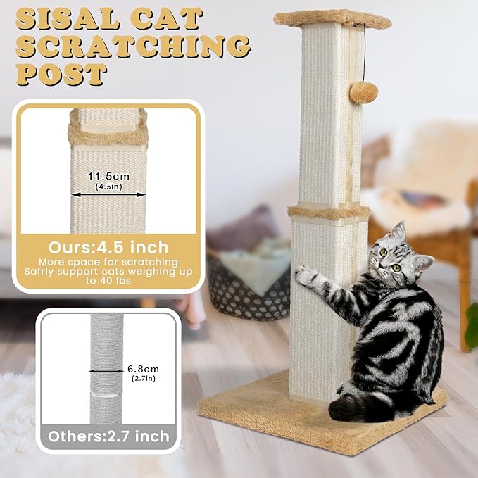 Scratching Posts for Indoor Cats Adults & Kitten,31.1" H Cat Scratching Post,Tall Sisal Cat Scratching Post with Hanging Ball,Beige