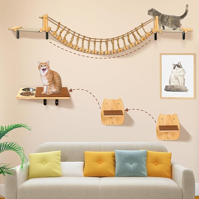 Calmbee Cat Wall Shelves, Cat Wall Furniture 70" Cat Bridge Wall Mount Cat Perch Wooden Hammock Cat Tree Cat Climber Cat Cloud Shelf Board Cats Bed