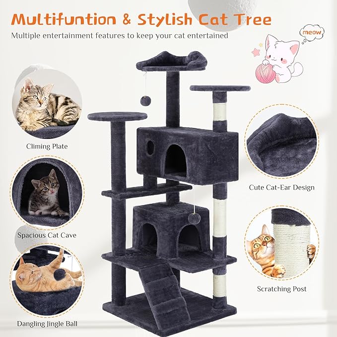 Sweetcrispy 54-Inch Cat Tree Tower – Multi-Level Cat Tower with Sisal Scratching Post, Perfect Cat Gift, Indoor Cat Tree with Condo, Climbing Ladder, Plush Toy, and More Cat Stuff，Grey