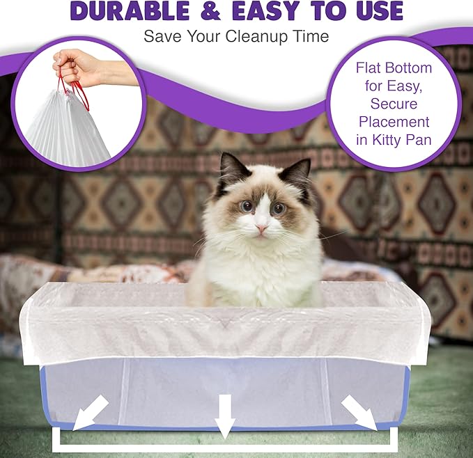 Alfapet Litter Box Liner Flat Bottom Pack of 10 - Super Heavy Duty Kitty cat Litter Bags with Drawstring for Poop and Liquid Waste - Jumbo Design for Extra Large Cat Pans