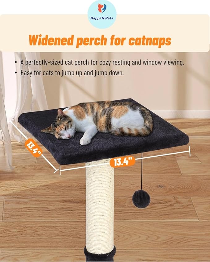 Happi N Pets 26" Cat Scratching Post with Perch, Natural Sisal Scratchers Trees for Indoor Cats, Featuring with Hanging Balls & Cozy Cat Bed, Stable Cat Scratch Posts for Kittens-Smoky Gray