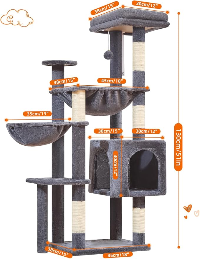 Taoqimiao Cat Tree, 51-Inch Cat Tower for Kittens, Cat Tree Tower with 5 Scratching Posts, Plush Cat Condo with Plush Perch, 2 Hammock, Pompoms, Smoky Gray MS019XL-G