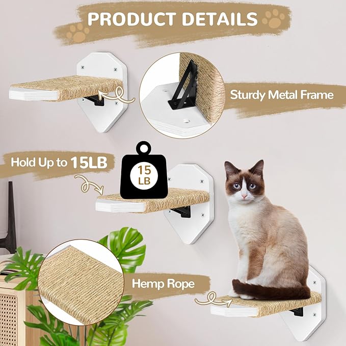 3-Pcs Cat Shelves Wall Mounted, Cat Wall Shelves Climbing Steps, Cat Shelves and Perches for Wall, Cat Wall Furniture with Sisal Rope, Cat Climbing Shelves Cat Wall Steps for Indoor Kitty, Cats(White)