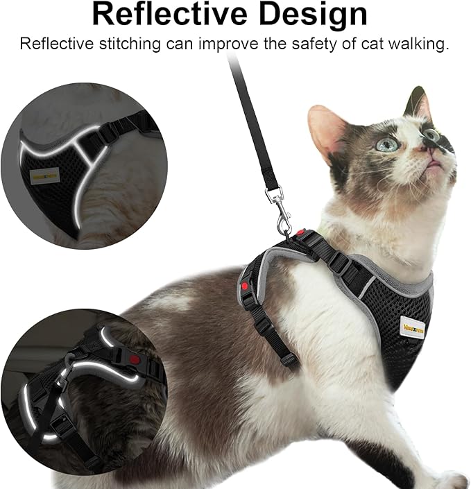 Cat Harness and Leash for Walking, Retractable Cat Harnesses and Leash Set Escape Proof, Breathable Soft Kitten Harness Small Large Cat Harness for Travel Training and Walking, Black, S