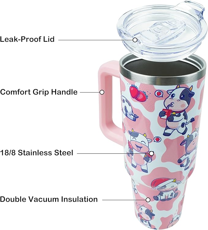 40 oz Tumbler with Handle and Straw, Stainless Steel Insulated Cup with Leak Proof Lid and Straw Lid, Keep Drinks Cold and Hot for Hours（Strawberry Cow）