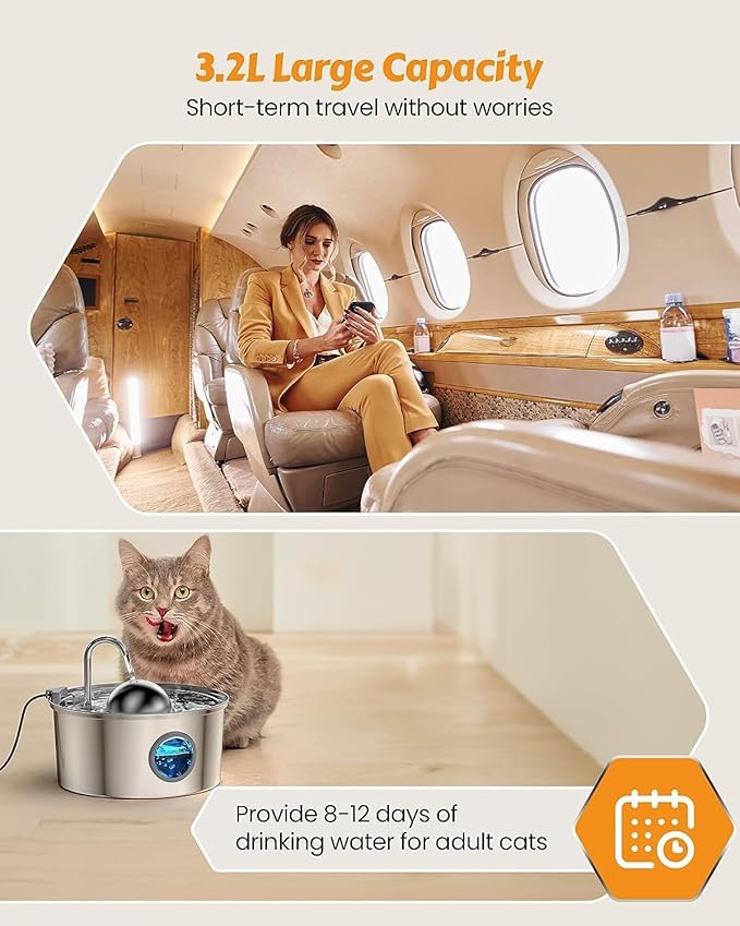 AONBOY Cat Water Fountain with 16 Filters, 108oz/3.2L Cat Fountain Stainless Steel, Includes 8 Carbon Filters and 8 Sponge Filters, Faucet Shape Dog Water Fountain, Double Noise Reduction Design