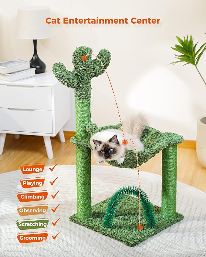 Cactus Cat Tree for Medium Cats with Arch Cat Self Groomer and Hammock, Cat Scratching Post for Indoor Kitten with Dangling Ball and Full Wrapped Natural Sisal Rope,Green