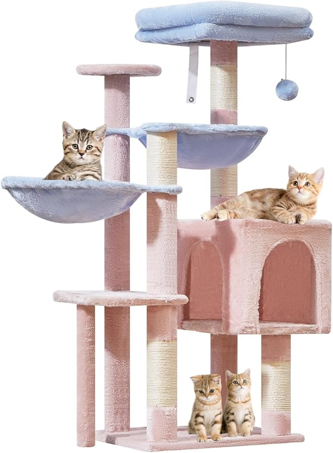Taoqimiao Cat Tree, 39.4-Inch Cat Tower for Indoor Cats,Suitable for Kittens,Plush Cat Condo with 5 Scratching Posts, Plush Perch,2 Hammock,Pompoms, MS019PB Pink and Blue