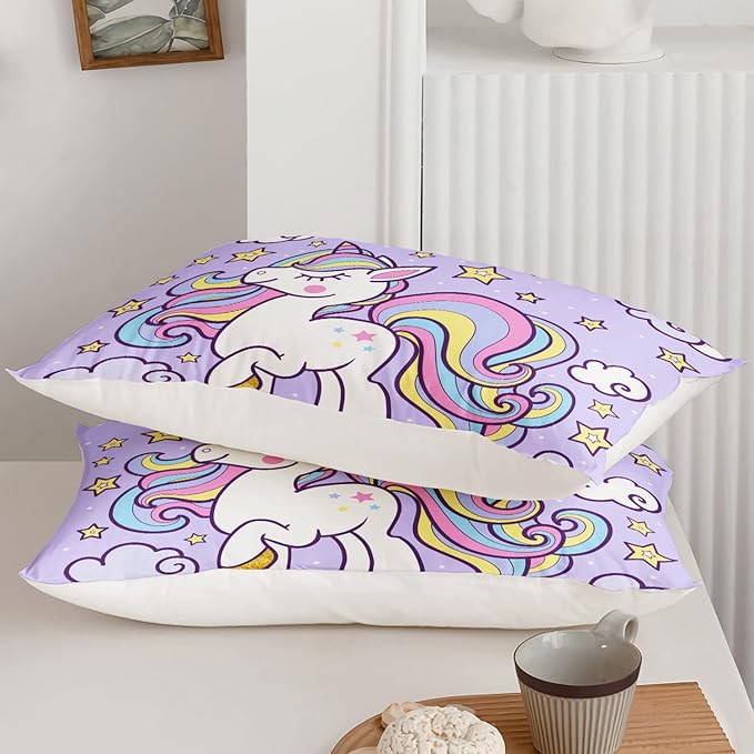 Axolotl Rainbow Unicorn Bedding Set Twin,Purple Unicorn Kids Comforter Sets with Stars Cloud for Girls,1 Quilt with 2 Pillowcases for Girls Kids Teens Children Adults Bedroom Decor All Season