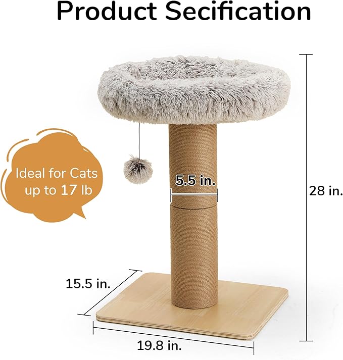 FUKUMARU Cat Scratching Post, 28 Inch Tall Scratcher with Cat Perch for Indoor Adult Cats, 5.5 Inch Width Small Cat Tree with Bed, Cat Tower Furniture for Kittens and Large Cats