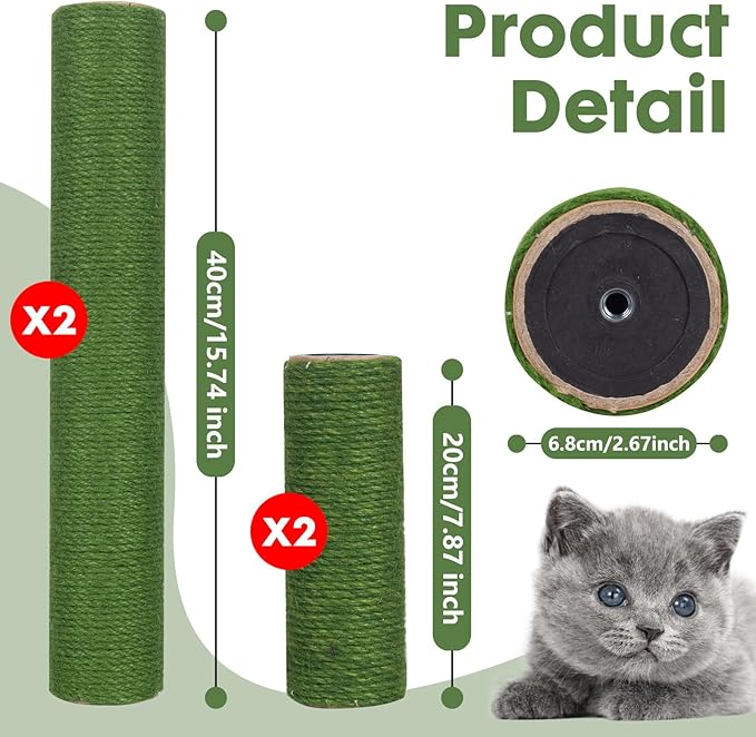 Barelove 4 Pack Cat Scratching Post Replacement, 15.7“ 7.9" Natural Sisal Rope Scratcher Posts Refill for Indoor Kittens Tower, Hemp Rope Scratch Pole Part Furniture Accessories with M8 Screws, Green