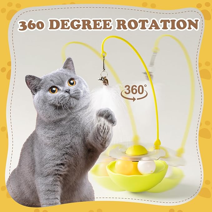 3-in-1 Tumbler Catnip Toy Interactive Cat Toys Cat Teaser with Feather and Bell, Track Balls Kitten Toys for Indoor Cats 9.8'' High (Yellow)