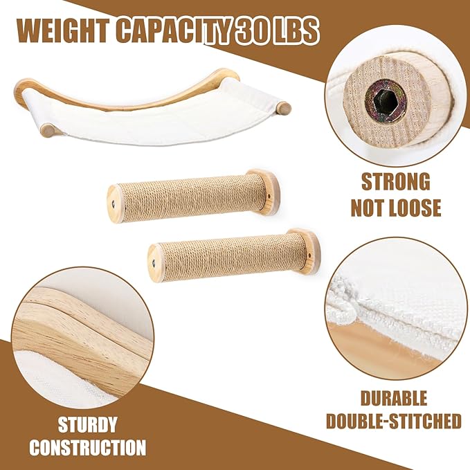 Cat Wall Furniture, 3 Pack Cat Wall Shelves Set, Solid Rubber Wood Cat Wall Steps and Hammock for Sleeping, Playing, Scratching, Climbing