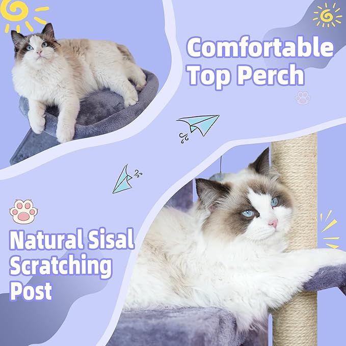 35.4'' Multifunction Cat Tree with Cozy Hammock & Hanging Ball, Cat Tower with Activity Cat Condo & Jute-Covered Scratching Posts, Grey