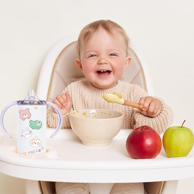 6 Pack Sublimation Blanks Sippy Cup Baby Bottle with Handles Straight Stainless Steel Insulated Skinny Tumblers with Splash proof Lid 12 oz Shatterproof Water Tumbler